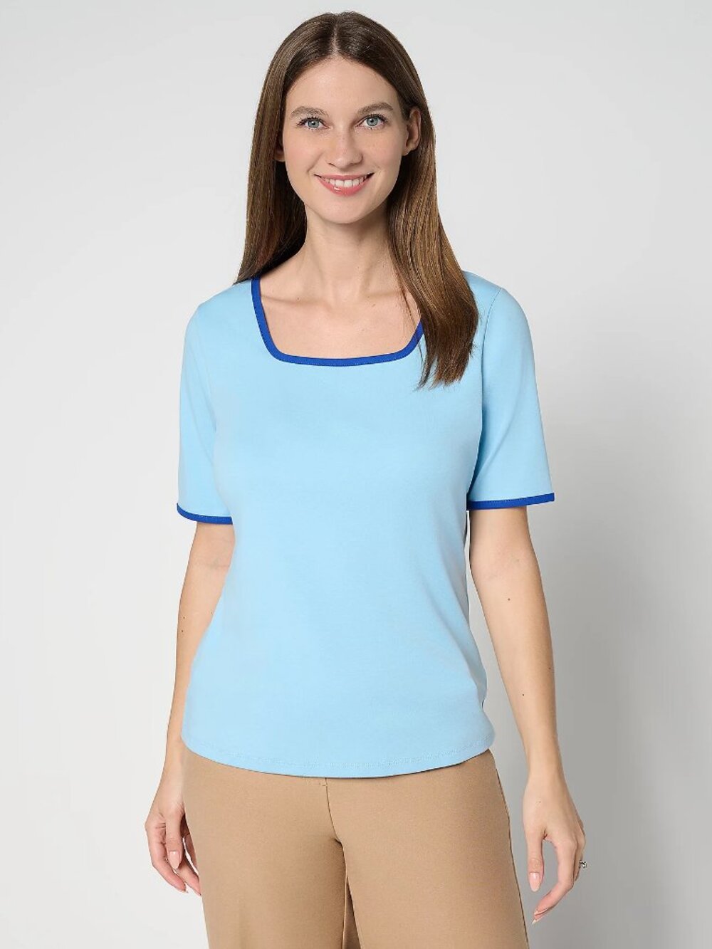Isaac Mizrahi Live! Essentials Micro Pima Square Neck Top, Blue Sz S a693576